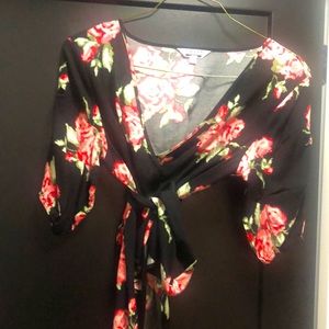 Floral wrap front tie blouse